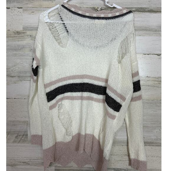 POL women small lightweight boho distressed white sweater long sleeve stripe new - Picture 2 of 6